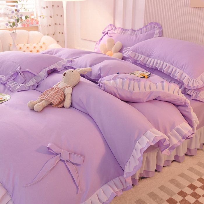 91家纺网 家纺一手货源 找家纺 后庭寝室 2025新款公主风亲肤磨毛蝴蝶结四件套-爱巢 爱巢-浅紫