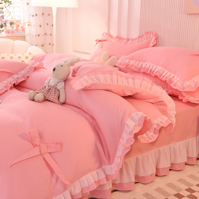 91家纺网 家纺一手货源 找家纺 后庭寝室 2025新款公主风亲肤磨毛蝴蝶结四件套-爱巢 爱巢-玉色