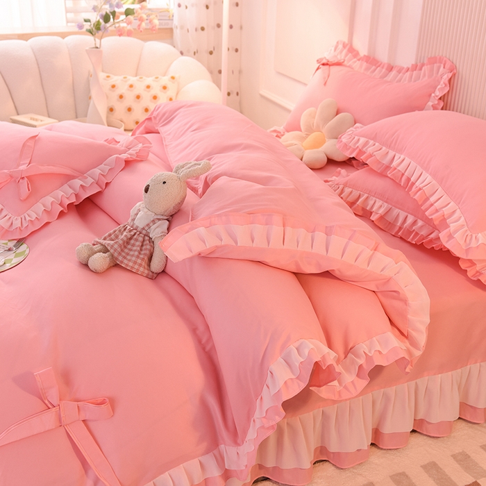 91家纺网 家纺一手货源 找家纺 后庭寝室 2025新款公主风亲肤磨毛蝴蝶结四件套-爱巢 爱巢-玉色