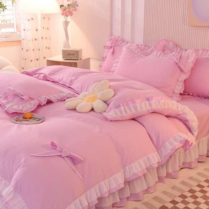 91家纺网 家纺一手货源 找家纺 后庭寝室 2025新款公主风亲肤磨毛蝴蝶结四件套-爱巢 爱巢-粉色