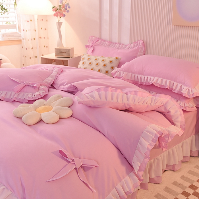 91家纺网 家纺一手货源 找家纺 后庭寝室 2025新款公主风亲肤磨毛蝴蝶结四件套-爱巢 爱巢-粉色