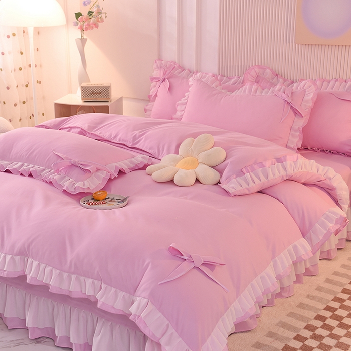 91家纺网 家纺一手货源 找家纺 后庭寝室 2025新款公主风亲肤磨毛蝴蝶结四件套-爱巢 爱巢-粉色