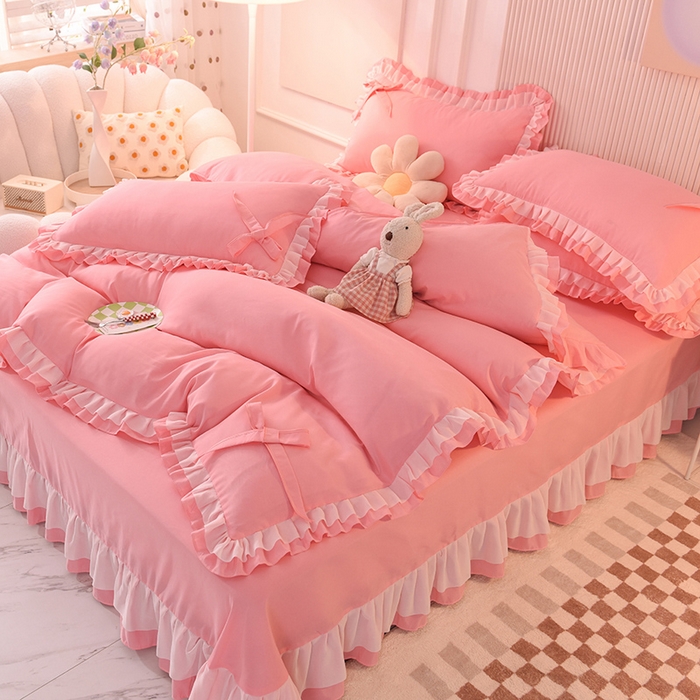 91家纺网 家纺一手货源 找家纺 后庭寝室 2025新款公主风亲肤磨毛蝴蝶结四件套-爱巢 爱巢-玉色