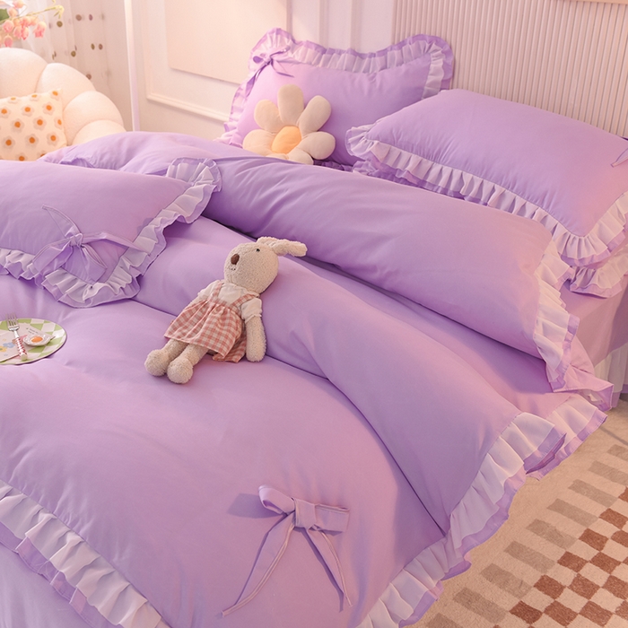 91家纺网 家纺一手货源 找家纺 后庭寝室 2025新款公主风亲肤磨毛蝴蝶结四件套-爱巢 爱巢-浅紫