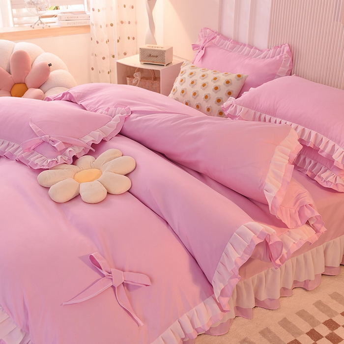 91家纺网 家纺一手货源 找家纺 后庭寝室 2025新款公主风亲肤磨毛蝴蝶结四件套-爱巢 爱巢-粉色