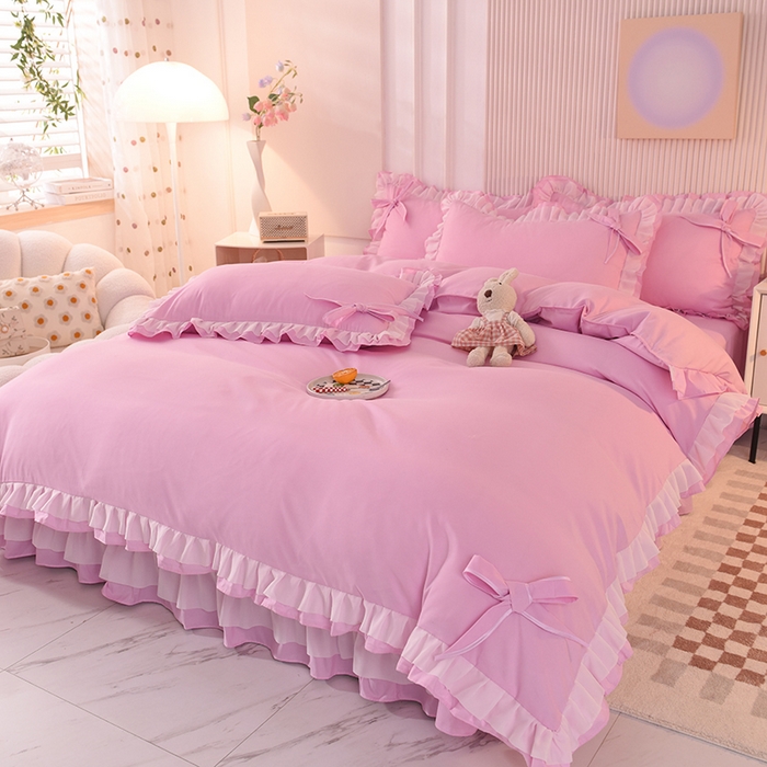 91家纺网 家纺一手货源 找家纺 后庭寝室 2025新款公主风亲肤磨毛蝴蝶结四件套-爱巢 爱巢-粉色