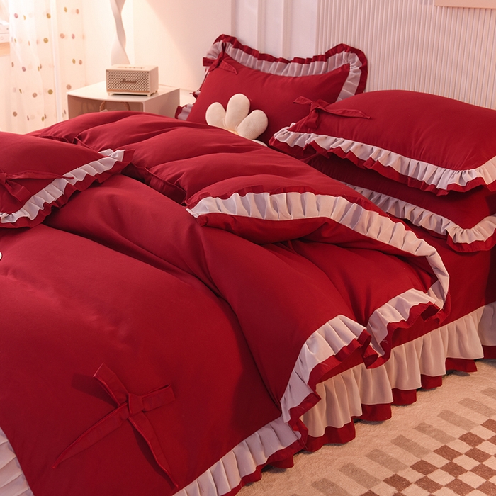 91家纺网 家纺一手货源 找家纺 后庭寝室 2025新款公主风亲肤磨毛蝴蝶结四件套-爱巢 爱巢-酒红