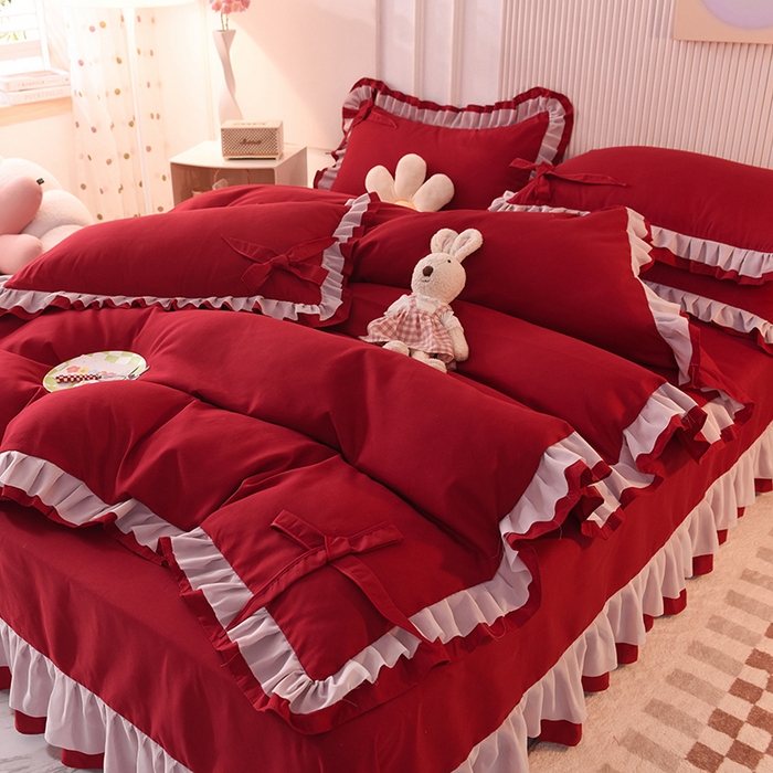 91家纺网 家纺一手货源 找家纺 后庭寝室 2025新款公主风亲肤磨毛蝴蝶结四件套-爱巢 爱巢-酒红