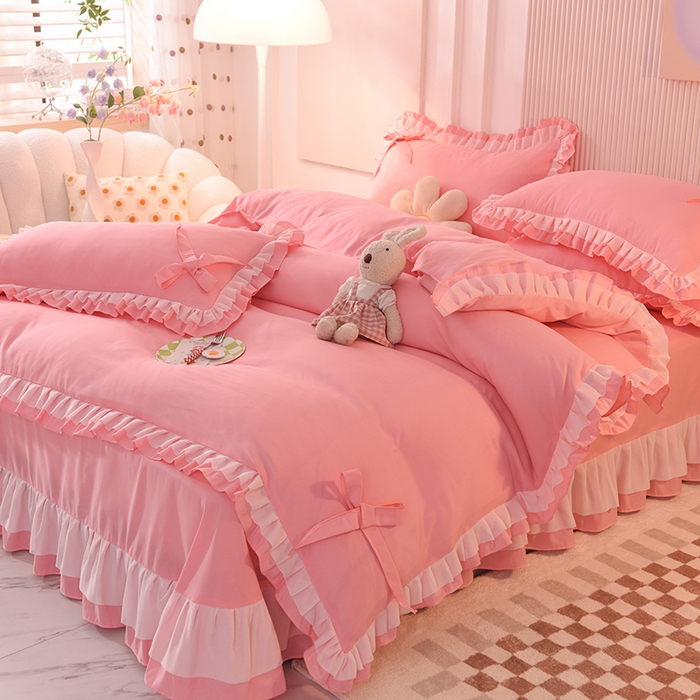 91家纺网 家纺一手货源 找家纺 后庭寝室 2025新款公主风亲肤磨毛蝴蝶结四件套-爱巢 爱巢-玉色