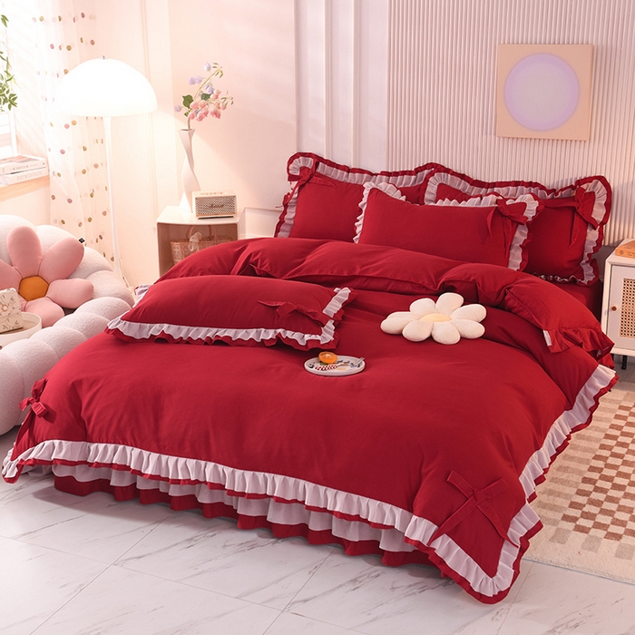 91家纺网 家纺一手货源 找家纺 后庭寝室 2025新款公主风亲肤磨毛蝴蝶结四件套-爱巢 爱巢-酒红