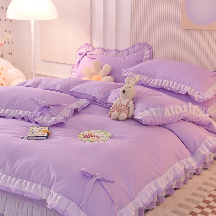 91家纺网 家纺一手货源 找家纺 后庭寝室 2025新款公主风亲肤磨毛蝴蝶结四件套-爱巢 爱巢-浅紫