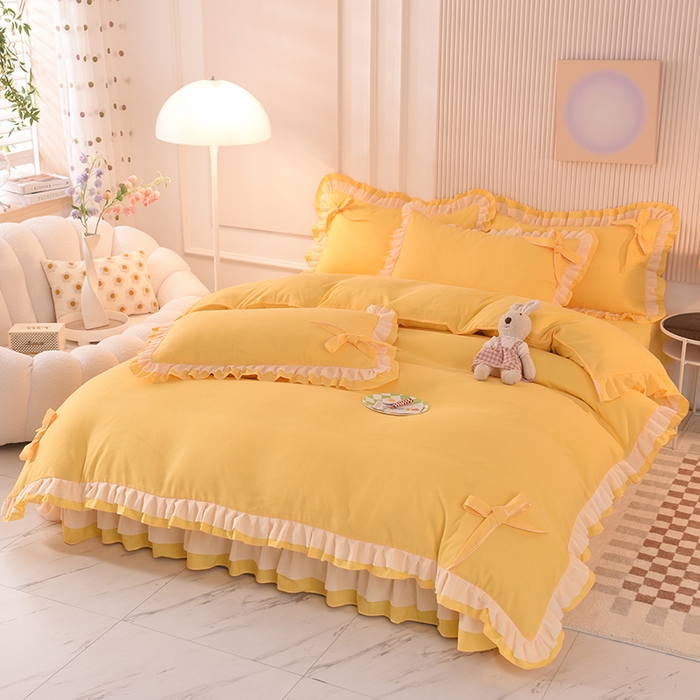 91家纺网 家纺一手货源 找家纺 后庭寝室 2025新款公主风亲肤磨毛蝴蝶结四件套-爱巢 爱巢-暖黄