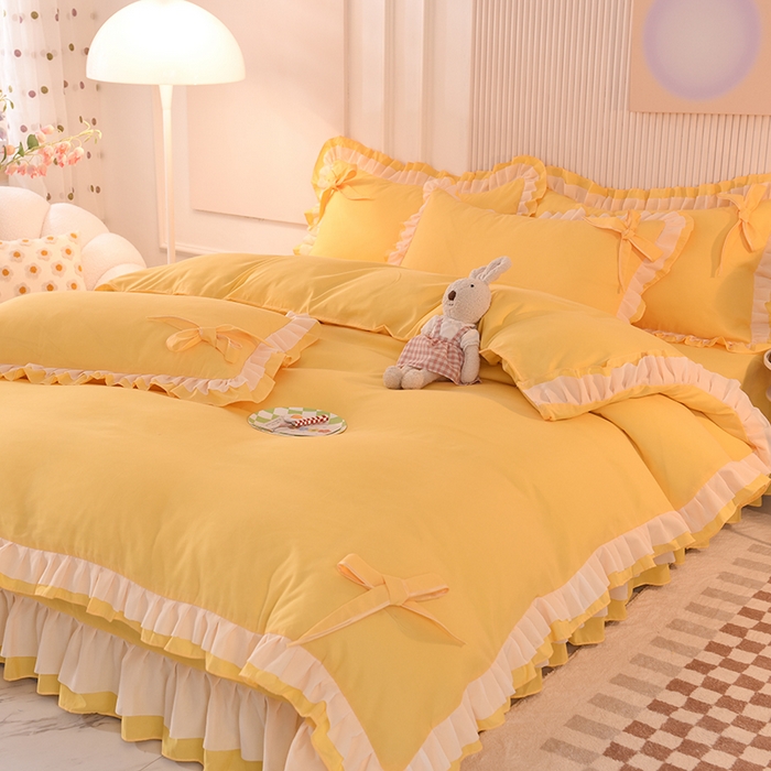 91家纺网 家纺一手货源 找家纺 后庭寝室 2025新款公主风亲肤磨毛蝴蝶结四件套-爱巢 爱巢-暖黄