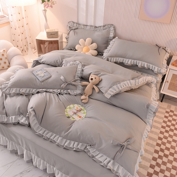 91家纺网 家纺一手货源 找家纺 后庭寝室 2025新款公主风亲肤磨毛蝴蝶结四件套-爱巢 爱巢-浅灰