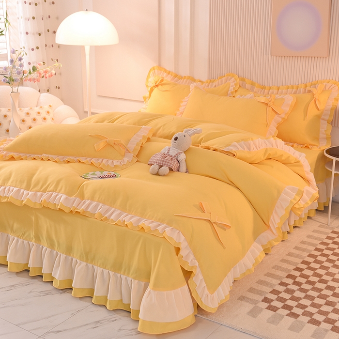 91家纺网 家纺一手货源 找家纺 后庭寝室 2025新款公主风亲肤磨毛蝴蝶结四件套-爱巢 爱巢-暖黄