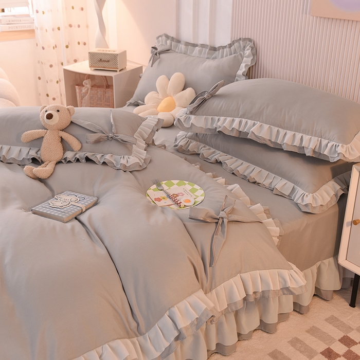 91家纺网 家纺一手货源 找家纺 后庭寝室 2025新款公主风亲肤磨毛蝴蝶结四件套-爱巢 爱巢-浅灰