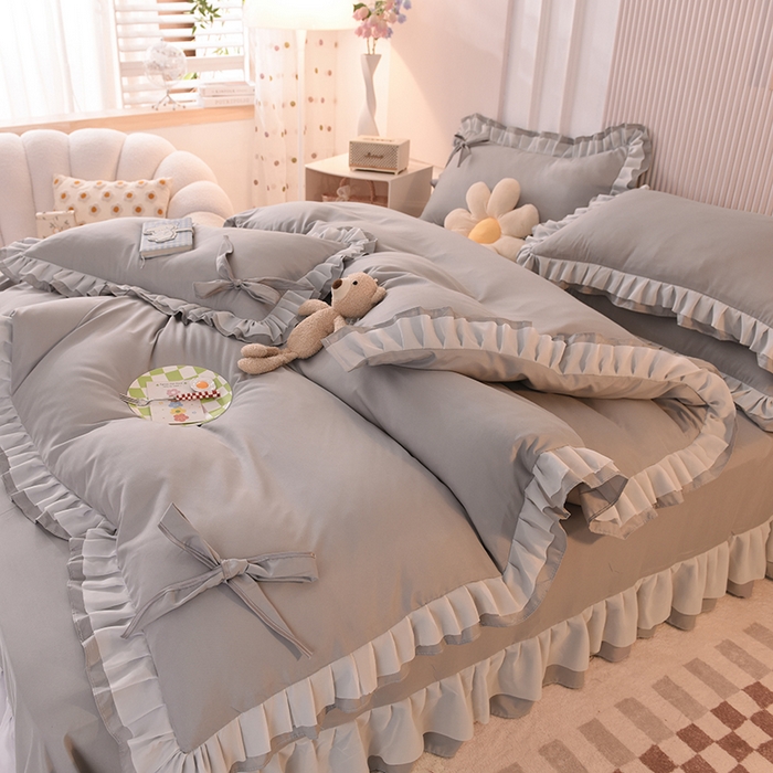 91家纺网 家纺一手货源 找家纺 后庭寝室 2025新款公主风亲肤磨毛蝴蝶结四件套-爱巢 爱巢-浅灰