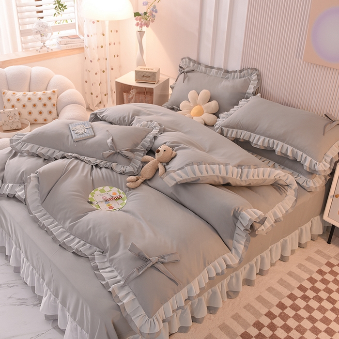 91家纺网 家纺一手货源 找家纺 后庭寝室 2025新款公主风亲肤磨毛蝴蝶结四件套-爱巢 爱巢-浅灰