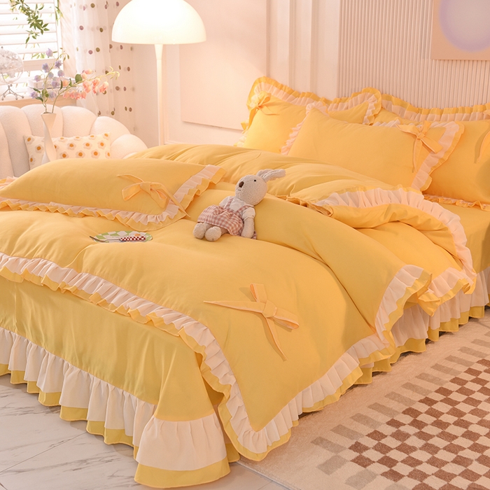 91家纺网 家纺一手货源 找家纺 后庭寝室 2025新款公主风亲肤磨毛蝴蝶结四件套-爱巢 爱巢-暖黄