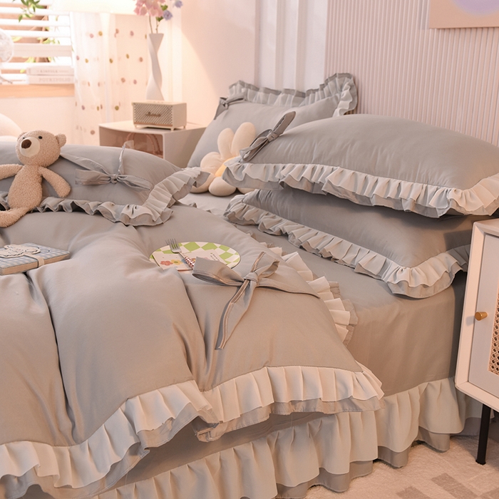 91家纺网 家纺一手货源 找家纺 后庭寝室 2025新款公主风亲肤磨毛蝴蝶结四件套-爱巢 爱巢-浅灰