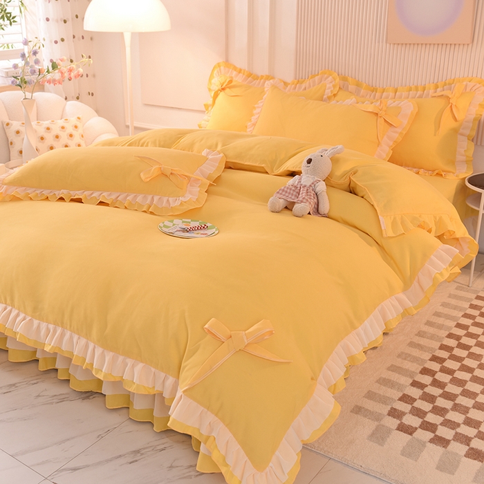 91家纺网 家纺一手货源 找家纺 后庭寝室 2025新款公主风亲肤磨毛蝴蝶结四件套-爱巢 爱巢-暖黄