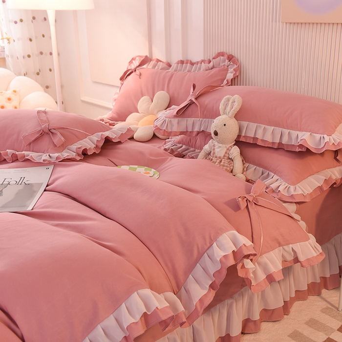 91家纺网 家纺一手货源 找家纺 后庭寝室 2025新款公主风亲肤磨毛蝴蝶结四件套-爱巢 爱巢-豆沙