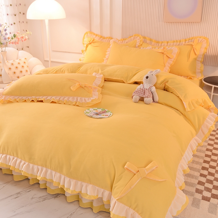 91家纺网 家纺一手货源 找家纺 后庭寝室 2025新款公主风亲肤磨毛蝴蝶结四件套-爱巢 爱巢-暖黄