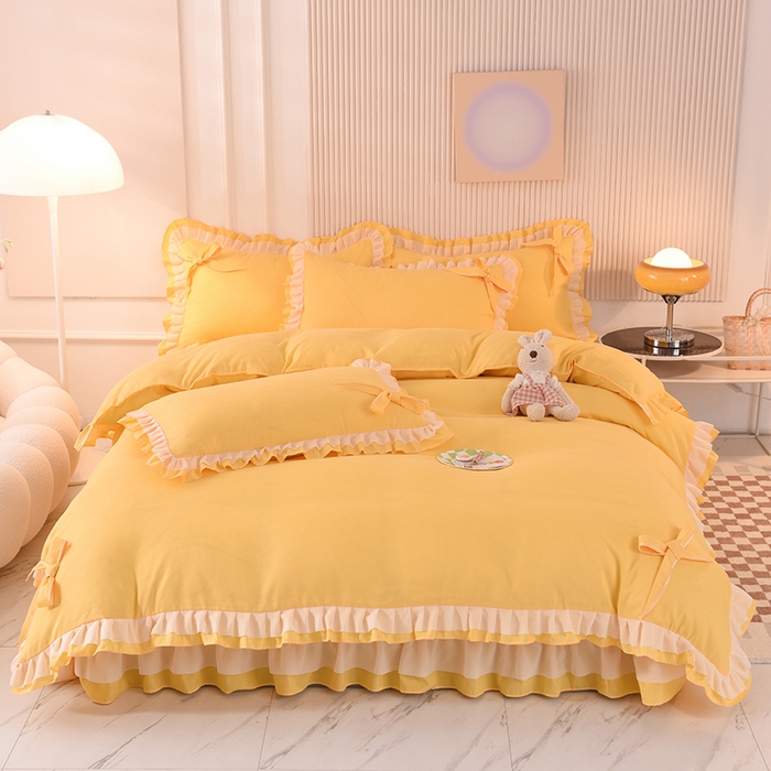 91家纺网 家纺一手货源 找家纺 后庭寝室 2025新款公主风亲肤磨毛蝴蝶结四件套-爱巢 爱巢-暖黄