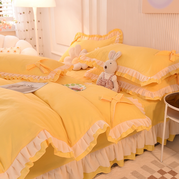 91家纺网 家纺一手货源 找家纺 后庭寝室 2025新款公主风亲肤磨毛蝴蝶结四件套-爱巢 爱巢-暖黄