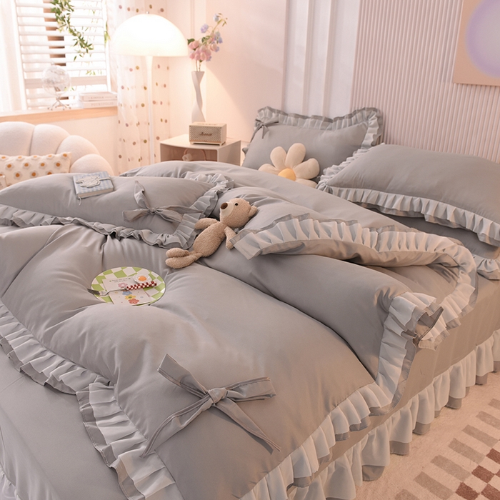 91家纺网 家纺一手货源 找家纺 后庭寝室 2025新款公主风亲肤磨毛蝴蝶结四件套-爱巢 爱巢-浅灰