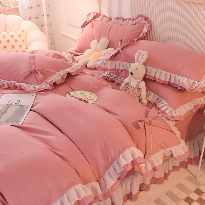 91家纺网 家纺一手货源 找家纺 后庭寝室 2025新款公主风亲肤磨毛蝴蝶结四件套-爱巢 爱巢-豆沙