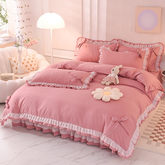 91家纺网 家纺一手货源 找家纺 后庭寝室 2025新款公主风亲肤磨毛蝴蝶结四件套-爱巢 爱巢-豆沙