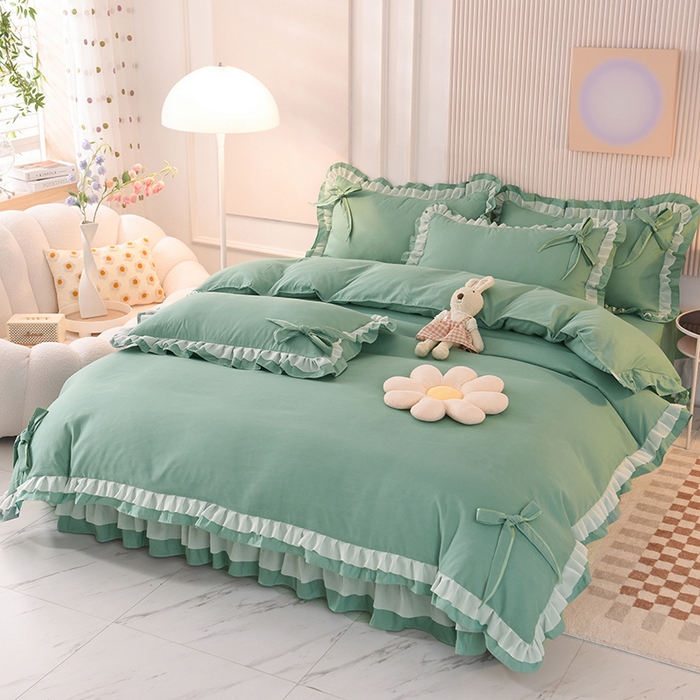 91家纺网 家纺一手货源 找家纺 后庭寝室 2025新款公主风亲肤磨毛蝴蝶结四件套-爱巢 爱巢-深绿