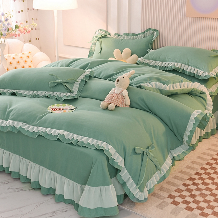 后庭寝室 2025新款公主风亲肤磨毛蝴蝶结四件套-爱巢 爱巢-深绿