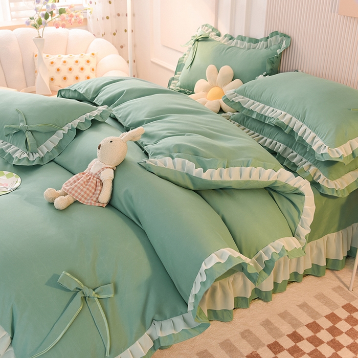 91家纺网 家纺一手货源 找家纺 后庭寝室 2025新款公主风亲肤磨毛蝴蝶结四件套-爱巢 爱巢-深绿