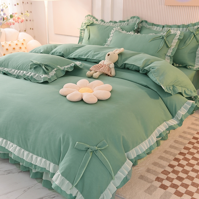 91家纺网 家纺一手货源 找家纺 后庭寝室 2025新款公主风亲肤磨毛蝴蝶结四件套-爱巢 爱巢-深绿