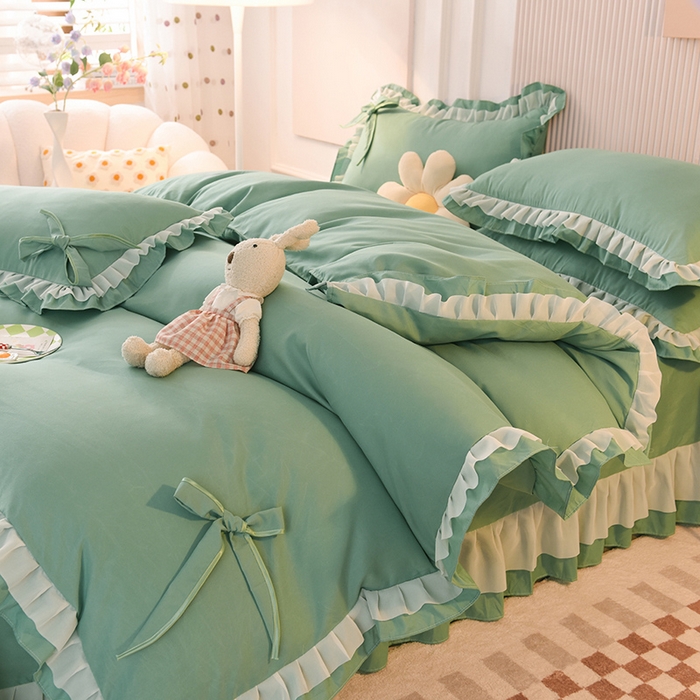 91家纺网 家纺一手货源 找家纺 后庭寝室 2025新款公主风亲肤磨毛蝴蝶结四件套-爱巢 爱巢-深绿