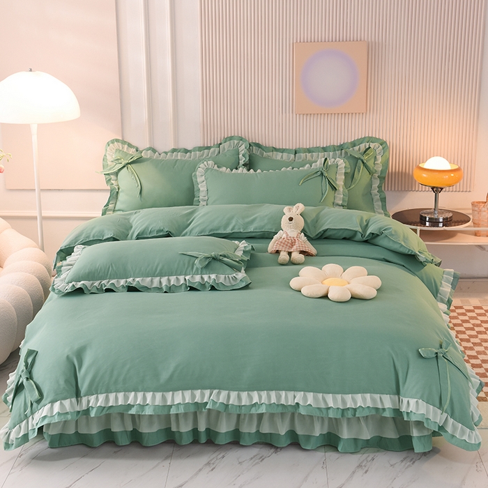 91家纺网 家纺一手货源 找家纺 后庭寝室 2025新款公主风亲肤磨毛蝴蝶结四件套-爱巢 爱巢-深绿