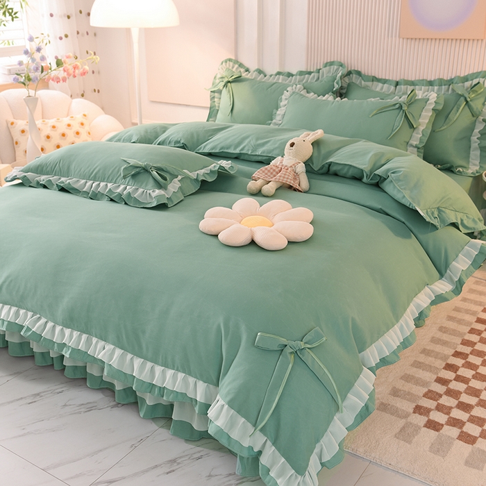91家纺网 家纺一手货源 找家纺 后庭寝室 2025新款公主风亲肤磨毛蝴蝶结四件套-爱巢 爱巢-深绿