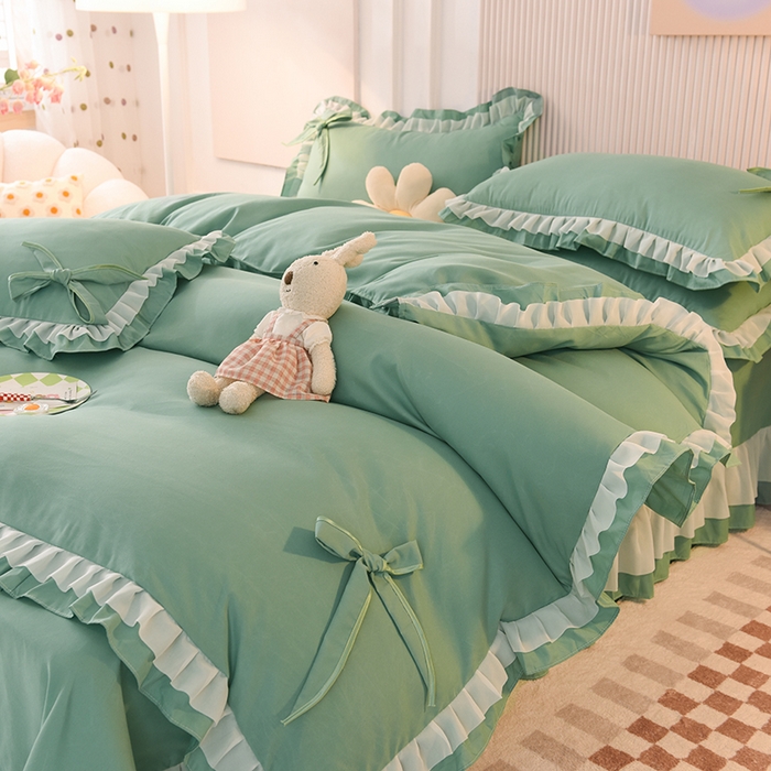 91家纺网 家纺一手货源 找家纺 后庭寝室 2025新款公主风亲肤磨毛蝴蝶结四件套-爱巢 爱巢-深绿