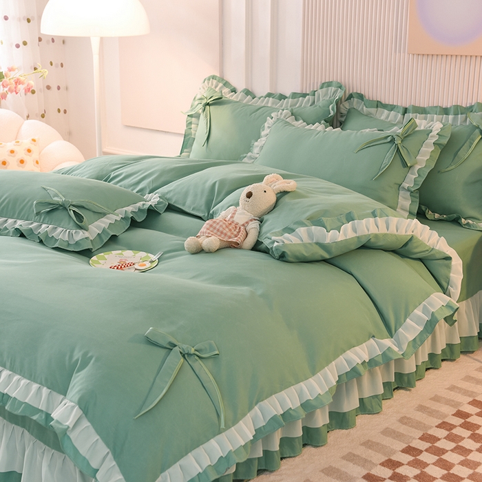 91家纺网 家纺一手货源 找家纺 后庭寝室 2025新款公主风亲肤磨毛蝴蝶结四件套-爱巢 爱巢-深绿