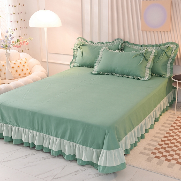 91家纺网 家纺一手货源 找家纺 后庭寝室 2025新款公主风亲肤磨毛蝴蝶结四件套-爱巢 爱巢-深绿