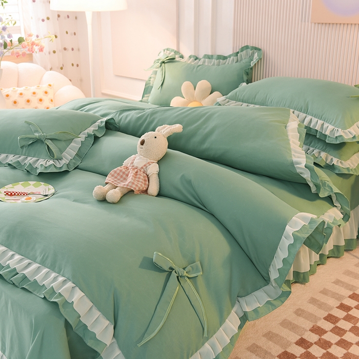 91家纺网 家纺一手货源 找家纺 后庭寝室 2025新款公主风亲肤磨毛蝴蝶结四件套-爱巢 爱巢-深绿