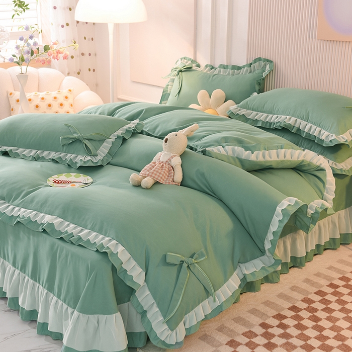 91家纺网 家纺一手货源 找家纺 后庭寝室 2025新款公主风亲肤磨毛蝴蝶结四件套-爱巢 爱巢-深绿