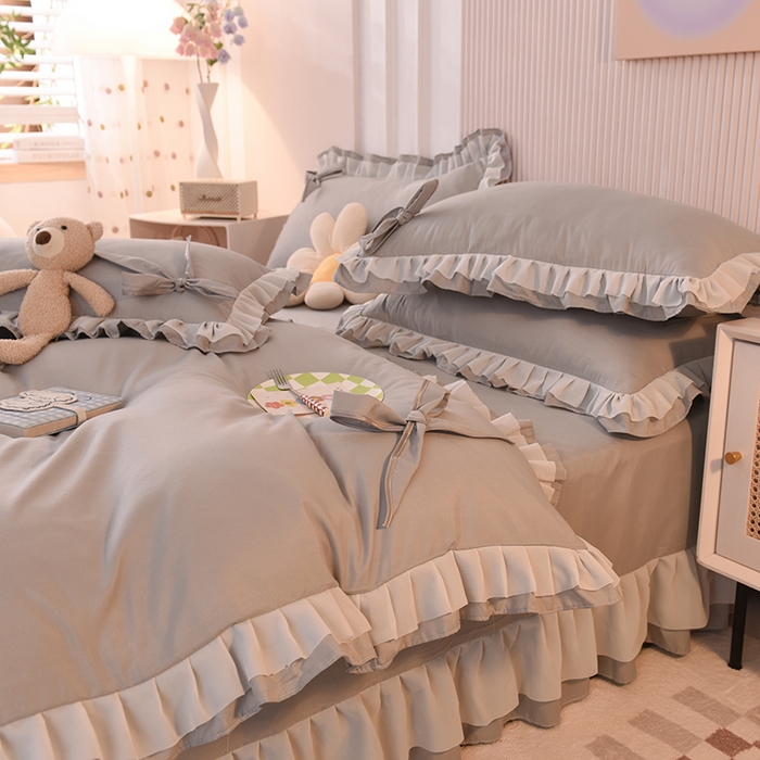 91家纺网 家纺一手货源 找家纺 后庭寝室 2025新款公主风亲肤磨毛蝴蝶结四件套-爱巢 爱巢-浅灰