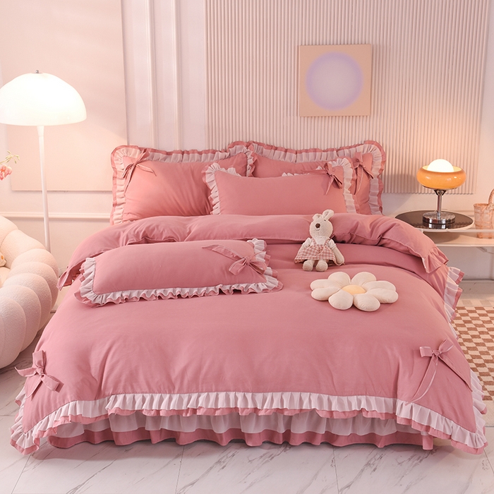 91家纺网 家纺一手货源 找家纺 后庭寝室 2025新款公主风亲肤磨毛蝴蝶结四件套-爱巢 爱巢-豆沙