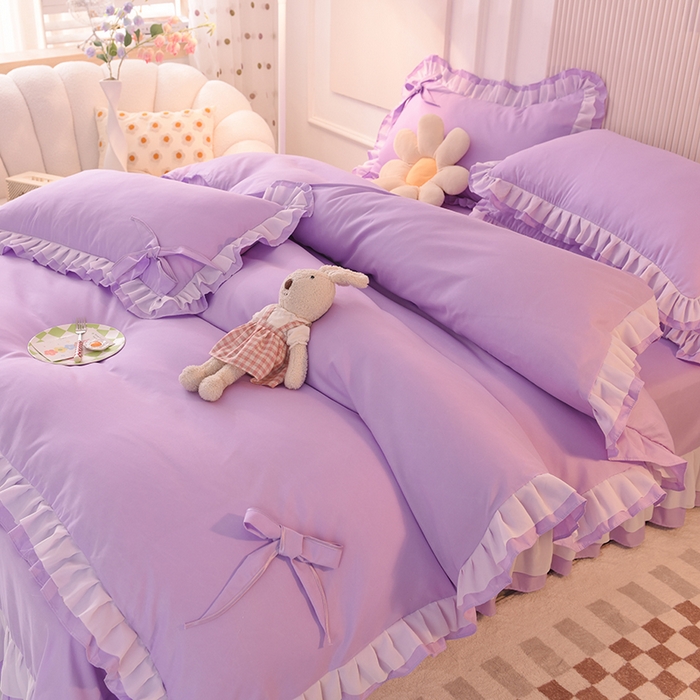 91家纺网 家纺一手货源 找家纺 后庭寝室 2025新款公主风亲肤磨毛蝴蝶结四件套-爱巢 爱巢-浅紫