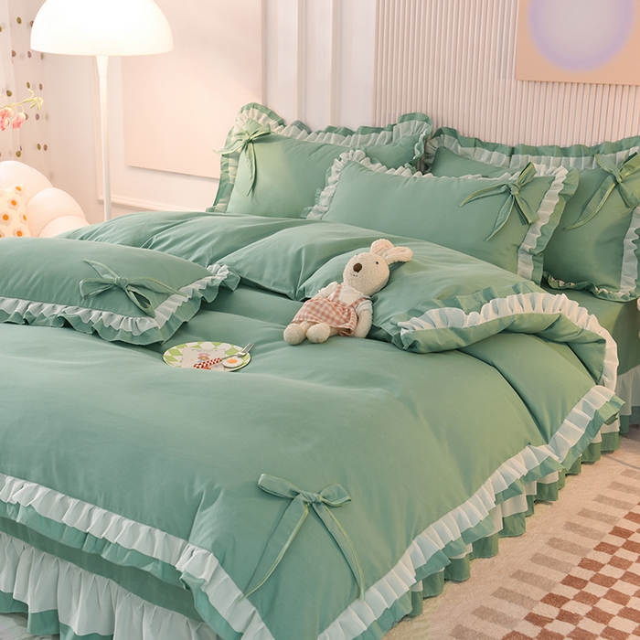 91家纺网 家纺一手货源 找家纺 后庭寝室 2025新款公主风亲肤磨毛蝴蝶结四件套-爱巢 爱巢-深绿