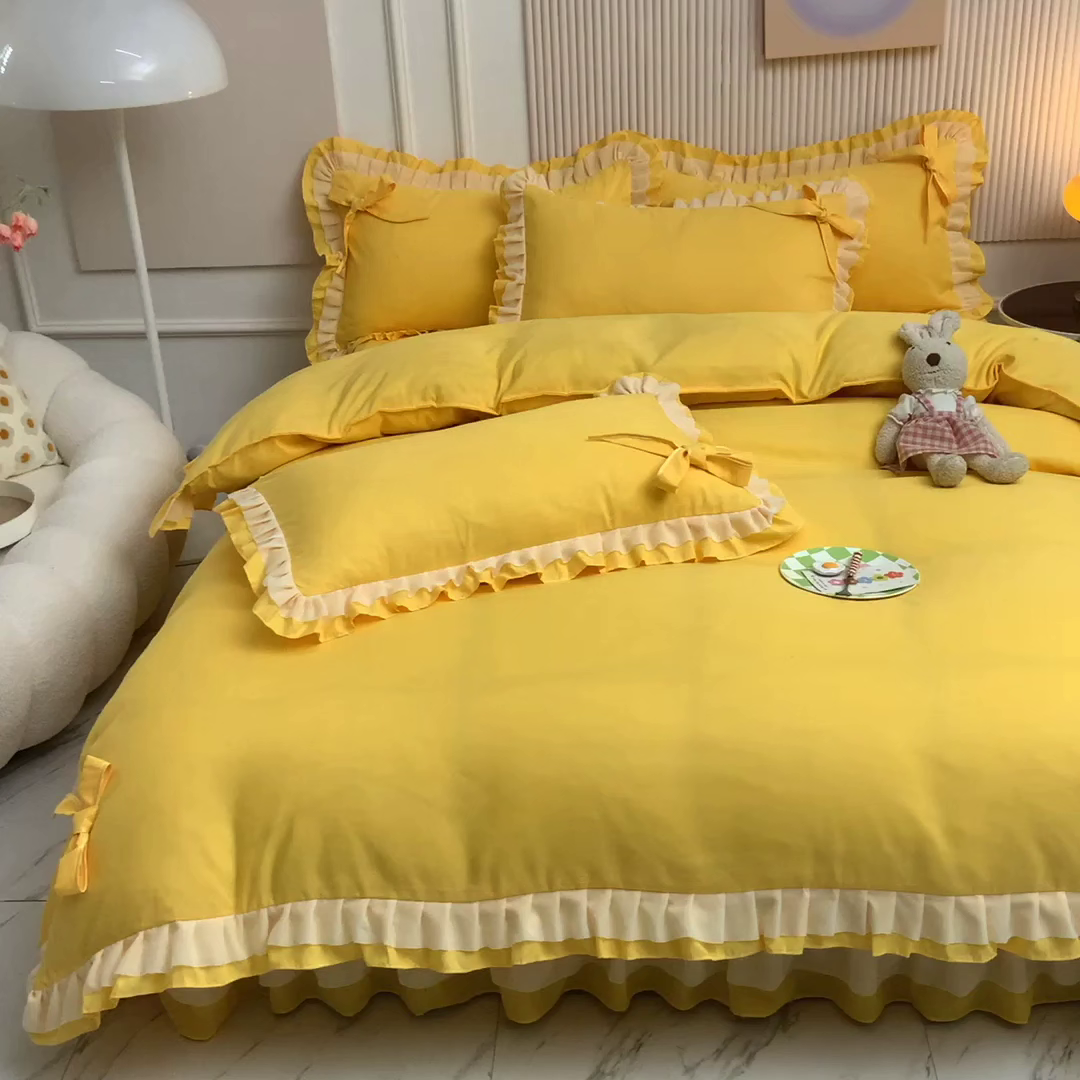 91家纺网 家纺一手货源 找家纺 后庭寝室 2025新款公主风亲肤磨毛蝴蝶结四件套-爱巢 爱巢-暖黄