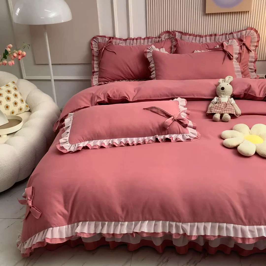 91家纺网 家纺一手货源 找家纺 后庭寝室 2025新款公主风亲肤磨毛蝴蝶结四件套-爱巢 爱巢-豆沙